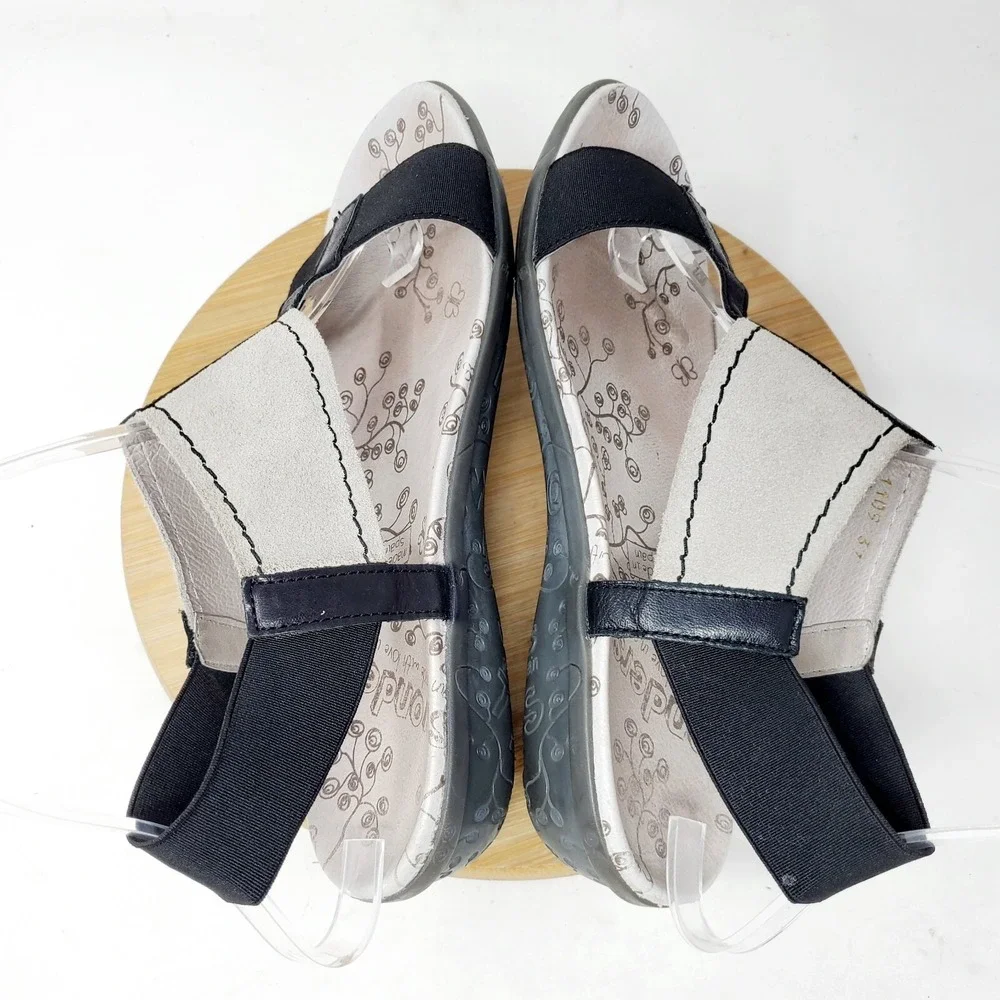 Wonders Fly Sandals Womens 37 Black‎ Grey Low Wedge Elastic Strap Comfort Shoes